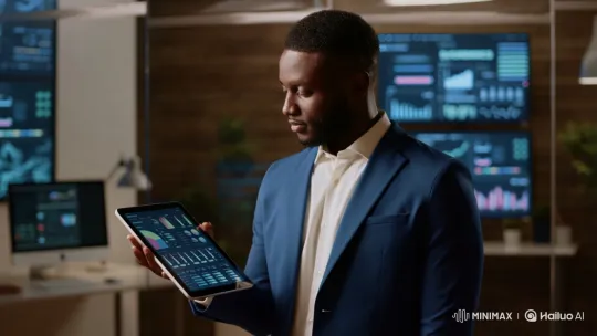 Confident Professional Analyzes Data in Modern Workspace – AI Generated Video | Hailuo AI