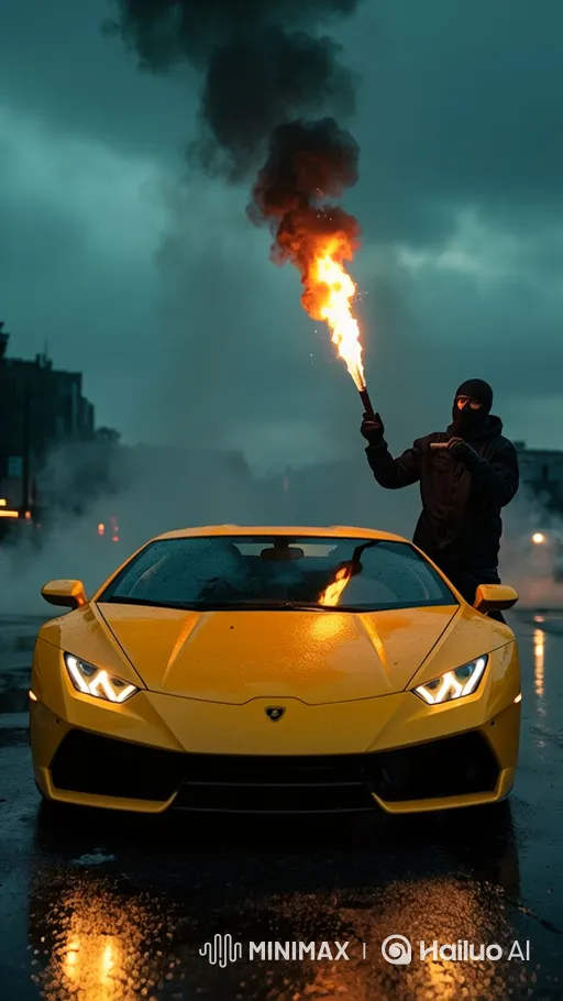 Mysterious Man Incinerates Lamborghini in Rainy Dusk Setting – AI Generated Video | Hailuo AI