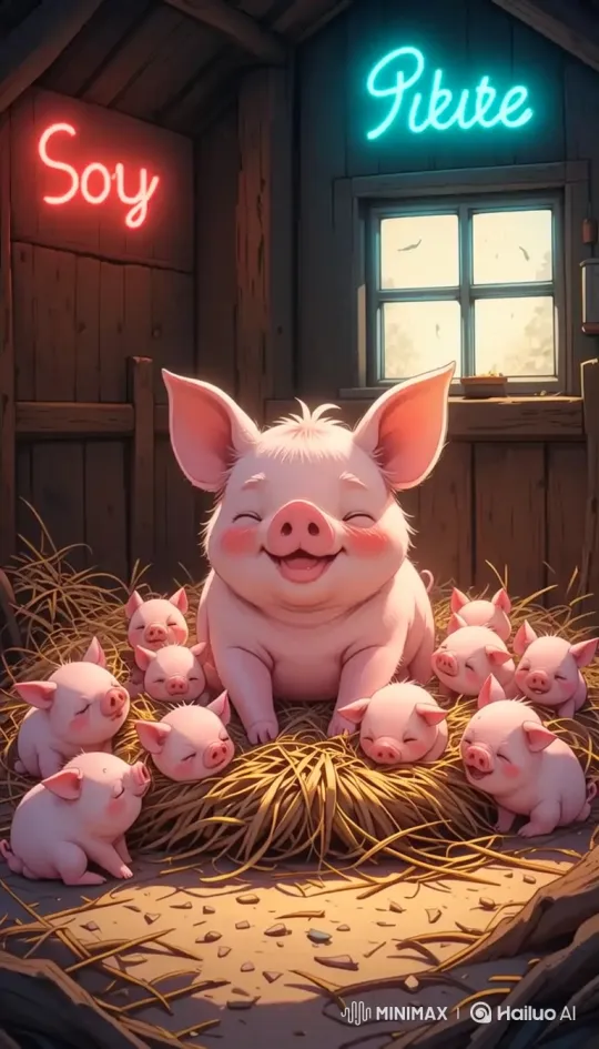 Cozy Barn Scene: Content Piglets Distress Amidst Mother's Smile – AI Generated Video | Hailuo AI