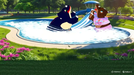 Baby Triceratops Play and Splash in Park Pool – AI Generated Video | Hailuo AI
