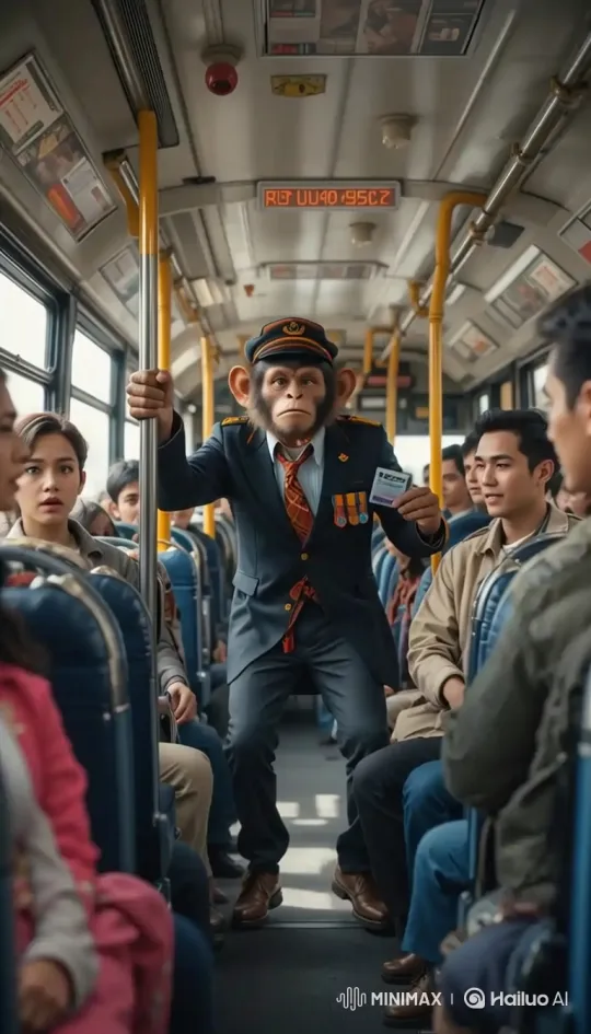 Chimpanzee Mimics Bus Conductor, Confronts Teen – AI Generated Video | Hailuo AI