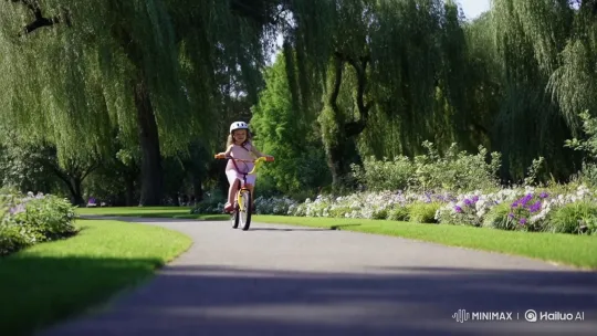 Joyful Girl Rides Bicycle in Lush Park – AI Generated Video | Hailuo AI