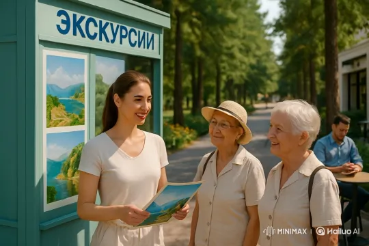 Young Guide Engages Elderly Tourists with Brochure – AI Generated Video | Hailuo AI