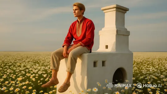 Contemplative Man Amidst Flowery Meadow Panorama – AI Generated Video | Hailuo AI