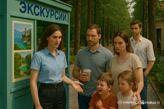 Tour Guide Engages with Distracted Family and Attentive Man – AI Generated Video | Hailuo AI