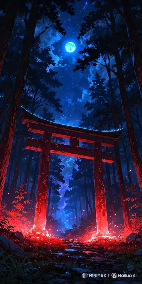 Mystical Forest at Night with Red Gate and Glowing Lights – AI Generated Video | Hailuo AI