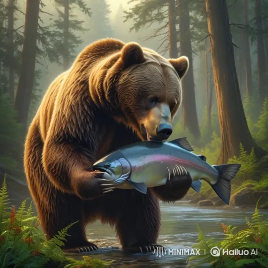 Fox Steals Salmon from Unaware Bear – AI Generated Video | Hailuo AI
