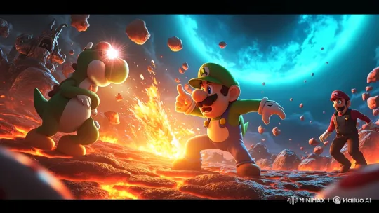 Luigi and Yoshi's Fiery Conflict Escalates with Mario's Hasty Retreat – AI Generated Video | Hailuo AI