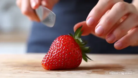 Masterful Slicing of a Vibrant Strawberry – AI Generated Video | Hailuo AI
