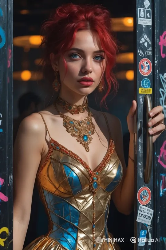 Elegant Woman in Gold Corset Gown at Doorway – AI Generated Video | Hailuo AI