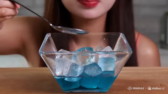 Woman Enjoying Ice and Blue Honey in Mukbang – AI Generated Video | Hailuo AI