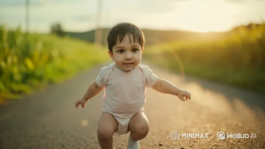Toddler Stands Up in Golden Light at Sunset – AI Generated Video | Hailuo AI