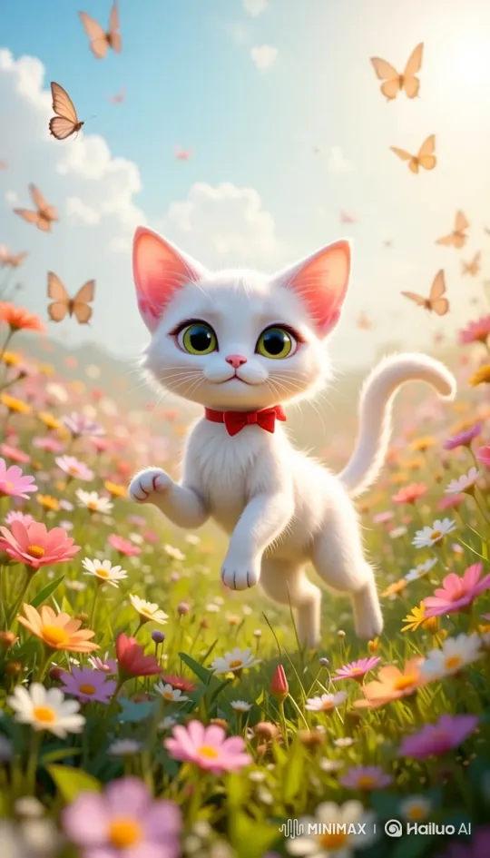 Fluffy Cat Plays with Butterflies in 3D Meadow Scene – AI Generated Video | Hailuo AI