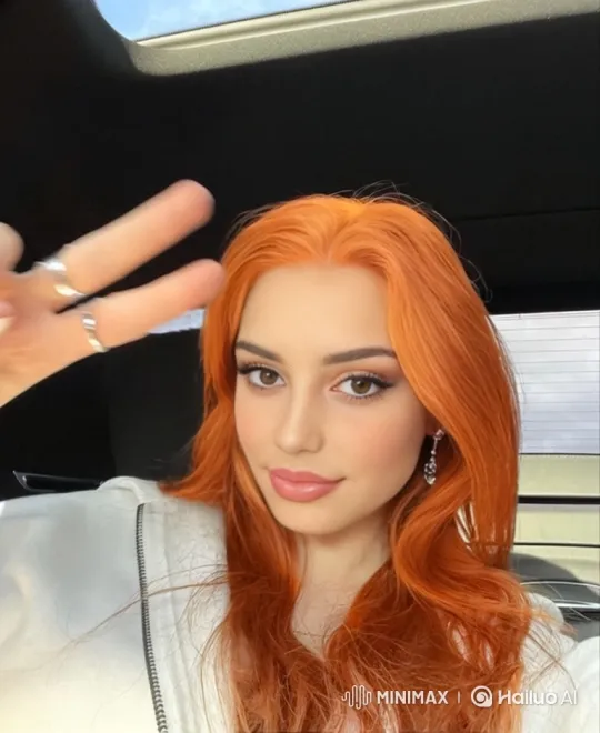 Young Woman with Orange Hair Flirts in Sunlit Car – AI Generated Video | Hailuo AI