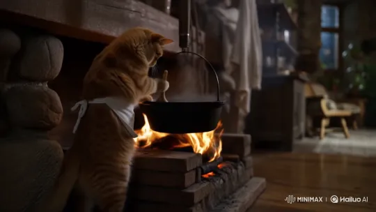 Ginger Tabby Cat Cooks by Fireside in Cozy Room – AI Generated Video | Hailuo AI