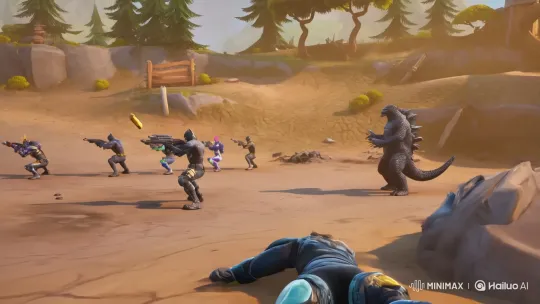 Fortnite Characters Dance to Pop Beat in Dusty Battle Scene – AI Generated Video | Hailuo AI