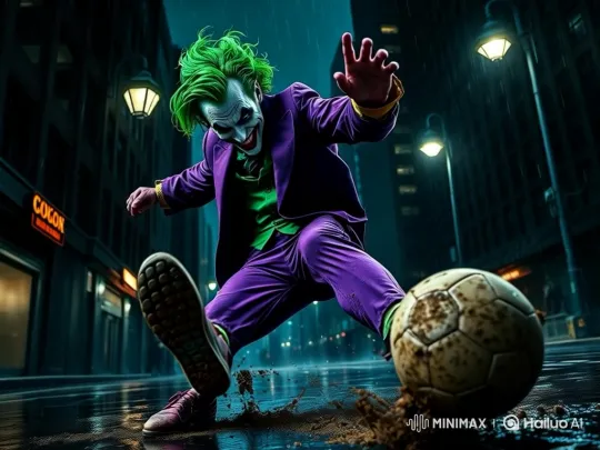 Joker Kicks Soccer Ball in Rainy Night Scene – AI Generated Video | Hailuo AI