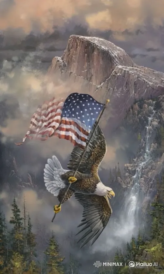 Eagle Soars with Flag Over Majestic Mountainscape – AI Generated Video | Hailuo AI