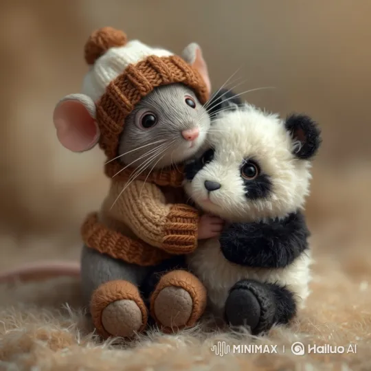Charming Intimate Embrace of Felt Mouse and Panda Plush – AI Generated Video | Hailuo AI
