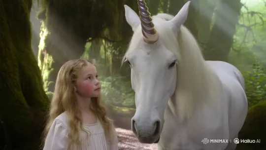 Young Girl Pets Majestic Unicorn in Enchanted Forest – AI Generated Video | Hailuo AI