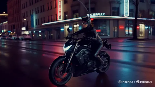 Catwoman Cosplayer Hunts Through Neon City on Motorcycle – AI Generated Video | Hailuo AI