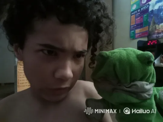Silent Confrontation Between Young Person and Frog Puppet – AI Generated Video | Hailuo AI