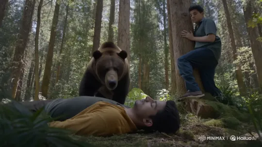 Friends Confront a Bear in the Forest – AI Generated Video | Hailuo AI