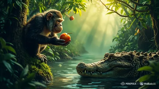 Chimpanzee Offers Fruit to Crocodile in Jungle Truce – AI Generated Video | Hailuo AI