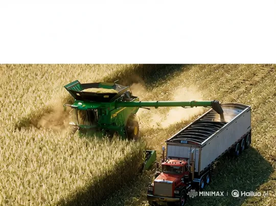 Harvest Synchronization: Combine and Semi-Truck in Golden Field – AI Generated Video | Hailuo AI