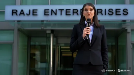 Female Reporter Reporting at Raje Enterprises – AI Generated Video | Hailuo AI