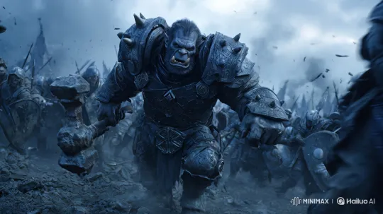 Armored Orc Leads Charge in Chaotic Battlefield – AI Generated Video | Hailuo AI