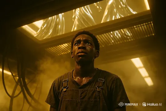 Young Man Observes Mysterious Figures in Industrial Setting – AI Generated Video | Hailuo AI