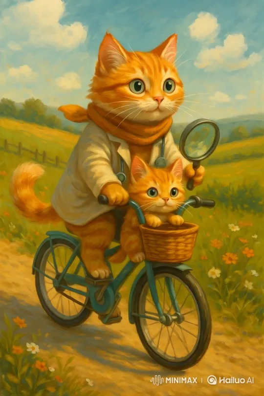Orange Tabby Cat Joyfully Pedals with Kitten in Basket – AI Generated Video | Hailuo AI