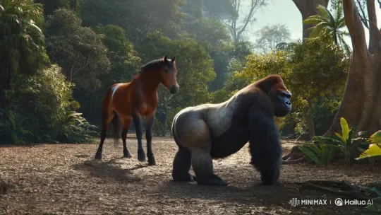 Horse Leaps onto Gorilla in Sunlit Jungle Scene – AI Generated Video | Hailuo AI