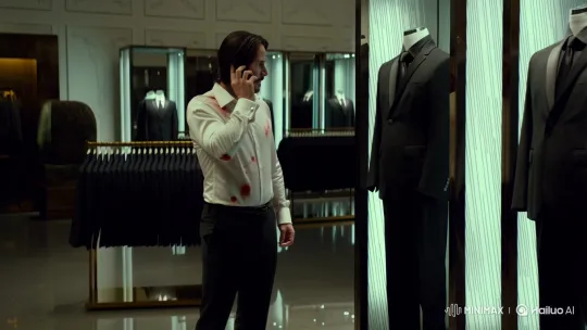 John Wick in Suit Store, Focused on Black Suit – AI Generated Video | Hailuo AI