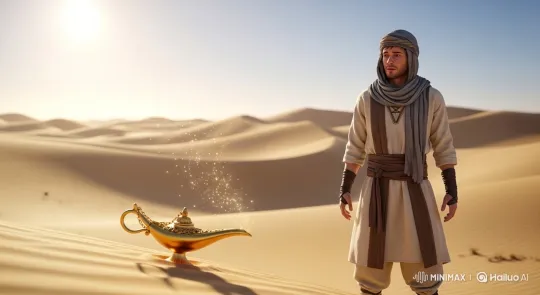 Young Man Discovers Magical Lamp in Desert – AI Generated Video | Hailuo AI