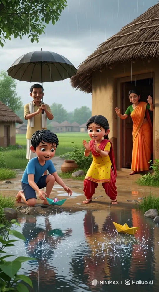 Joyful Family Enjoying Rainy Day in Rural India – AI Generated Video | Hailuo AI