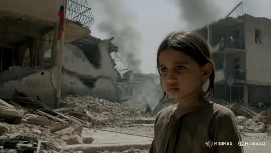 Palestinian Child Walks Through War-Devastated Streets – AI Generated Video | Hailuo AI