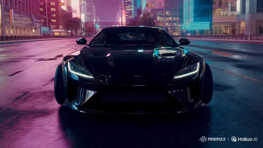 Sleek Black Car Glides Through Neon-Lit City Night – AI Generated Video | Hailuo AI