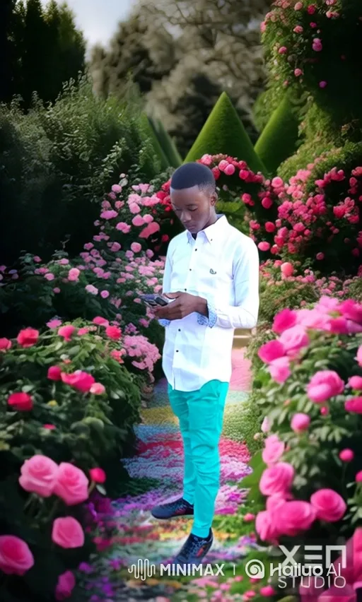 Young Man Engrossed in Smartphone in Enchanted Garden – AI Generated Video | Hailuo AI