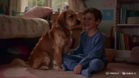 Boy and Dog Bonding in Cozy Bedroom Setting – AI Generated Video | Hailuo AI