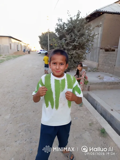 Boy Poses in Village, Camera Captures Street's Perspective – AI Generated Video | Hailuo AI