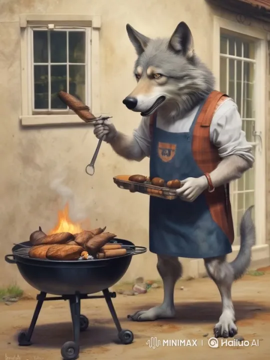 Wolf Enjoying Cooking at Backyard Barbecue – AI Generated Video | Hailuo AI