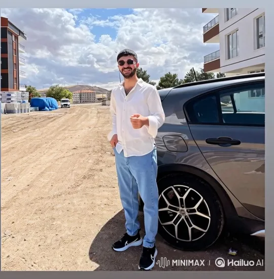 Young Man Smiles Confidently by Gray Car in Outdoor Setting – AI Generated Video | Hailuo AI