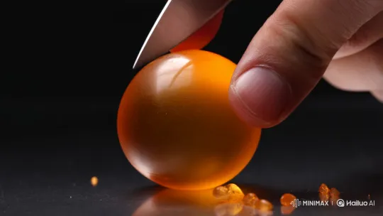 Glass Orange Carving with Knife on Dark Surface – AI Generated Video | Hailuo AI