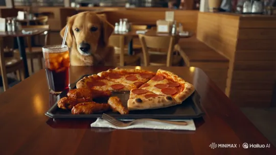 Golden Retriever Anticipates Meal in Cozy Restaurant – AI Generated Video | Hailuo AI