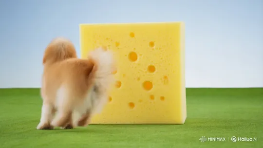 Dog Plays Energetically Around Stationary Sponge Character – AI Generated Video | Hailuo AI