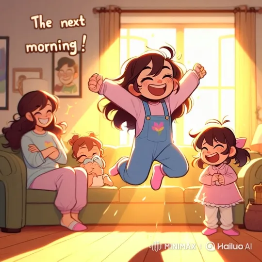 Joyful Family Moment with Jumping Girl and Smiling Sisters – AI Generated Video | Hailuo AI
