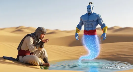 Desert Man Thanks Water-Bringing Genie in Oasis – AI Generated Video | Hailuo AI