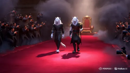 Anthropomorphic Lions Command Red Carpet in Black – AI Generated Video | Hailuo AI